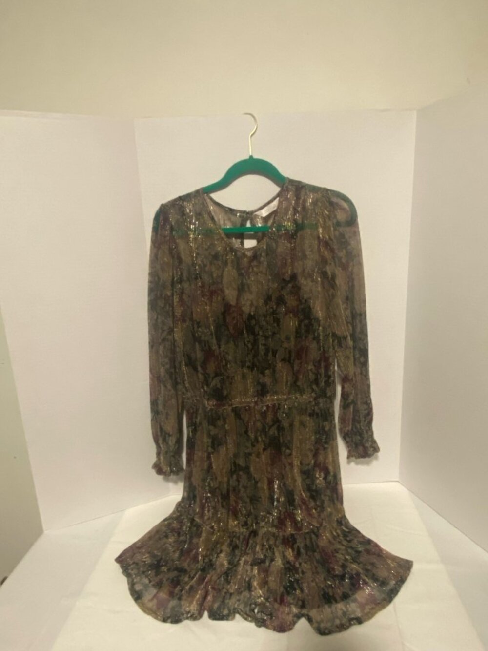 NWT LC Lauren Conrad Pleat Neck Mini Party Dress XL Metallic Floral Green Gold